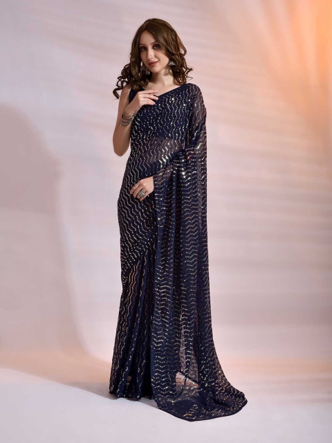 

ODETTE Women Blue Striped Sequinned Poly Georgette Saree