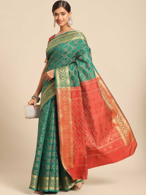 

ODETTE Green & Red Ethnic Motifs Zari Silk Blend Saree