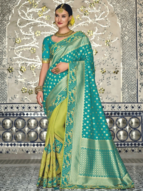 

ODETTE Green & Lime Green Ethnic Motifs Zari Silk Blend Banarasi Saree