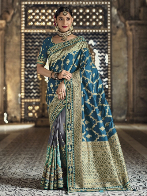 

ODETTE Teal & Gold-Toned Floral Zari Banarasi Saree