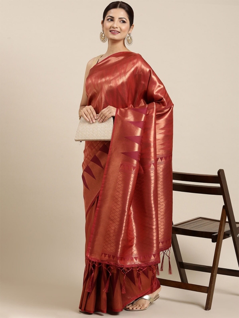 

ODETTE Red & Gold-Toned Woven Design Zari Silk Blend Banarasi Saree