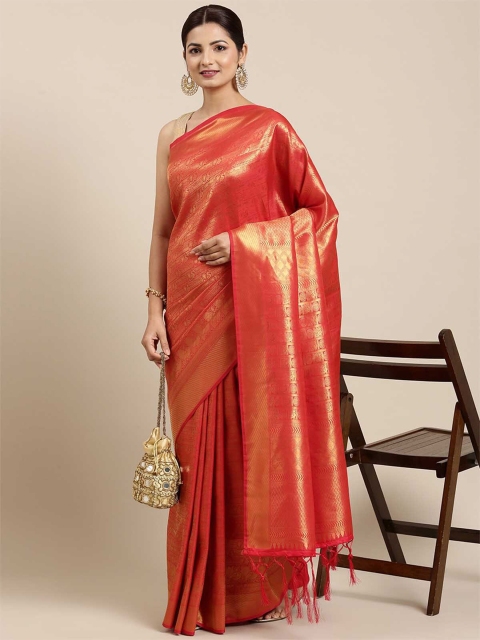 

ODETTE Orange & Gold-Toned Woven Design Zari Silk Blend Saree