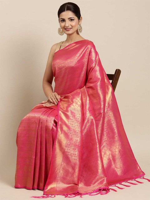 

ODETTE Pink & Gold-Toned Woven Design Zari Silk Blend Saree
