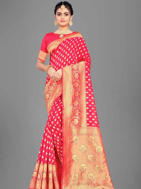 

ODETTE Red & Gold-Toned Ethnic Motifs Zari Silk Blend Saree