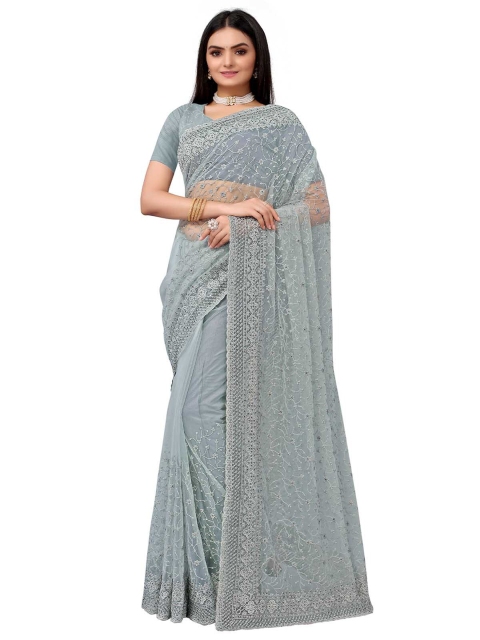 

ODETTE Grey Floral Embroidered Net Saree