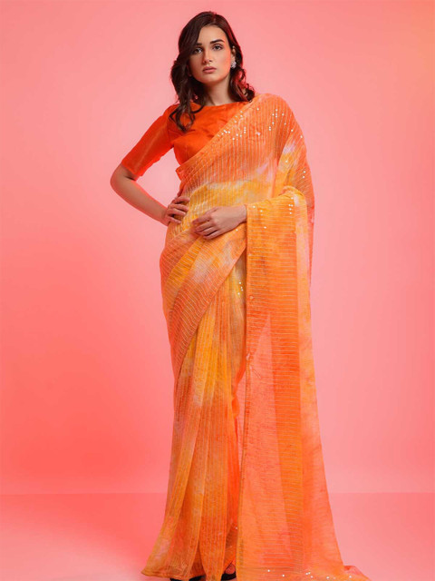 

ODETTE Orange & Yellow Striped Sequinned Saree