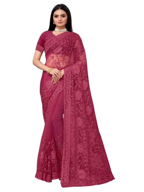 

ODETTE Red Floral Embroidered Net Saree