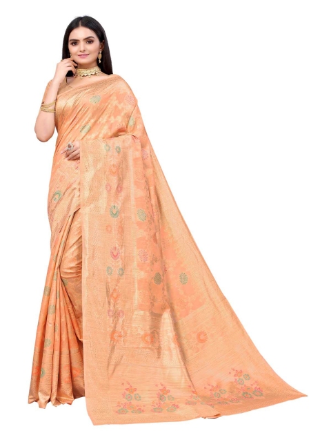 

ODETTE Peach-Coloured & Gold-Toned Woven Design Zari Silk Blend Saree