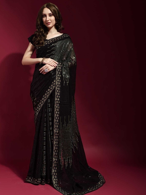 

ODETTE Women Black & Silver-Toned Embellished Sequinned Saree
