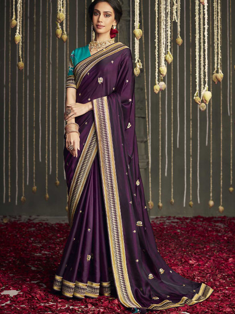 

ODETTE Violet & Gold-Toned Ethnic Motifs Zari Saree