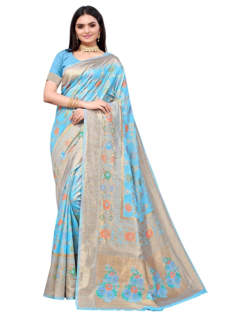 

ODETTE Blue & Orange Floral Zari Silk Blend Saree
