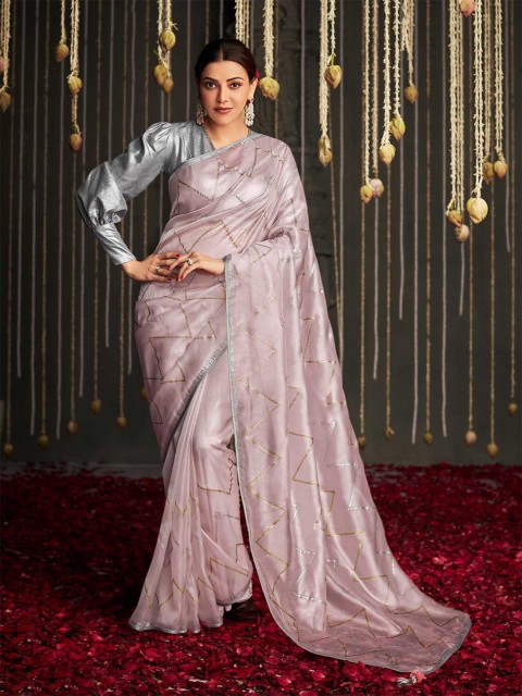 

ODETTE Women Pink & Silver-Toned Woven Design Zari Saree
