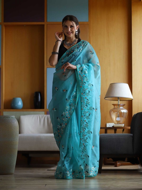 

ODETTE Blue & Peach-Coloured Floral Embroidered Organza Saree