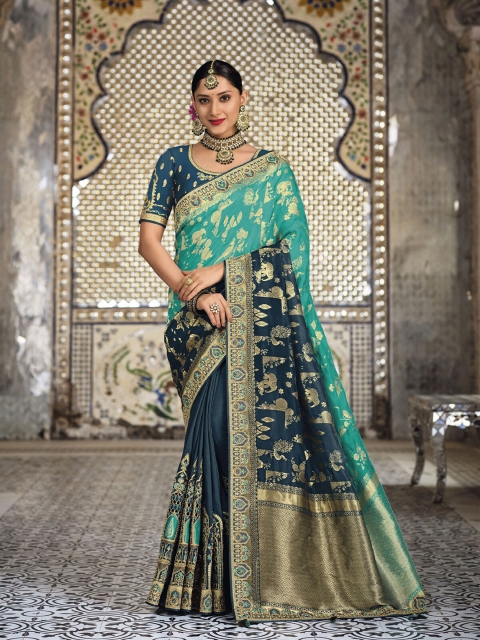 

ODETTE Teal & Navy Blue Ethnic Motifs Zari Silk Blend Banarasi Saree