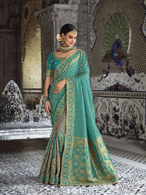 

ODETTE Teal & Gold-Toned Floral Zari Silk Blend Saree