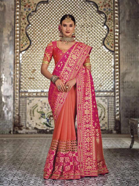 

ODETTE Pink & Gold-Toned Floral Zari Banarasi Saree