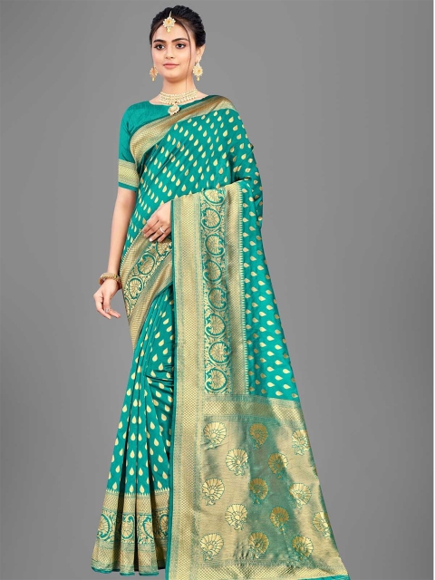 

ODETTE Green & Gold-Toned Woven Design Zari Silk Blend Saree