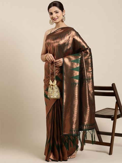 

ODETTE Copper-Toned & Green Woven Design Zari Silk Blend Saree