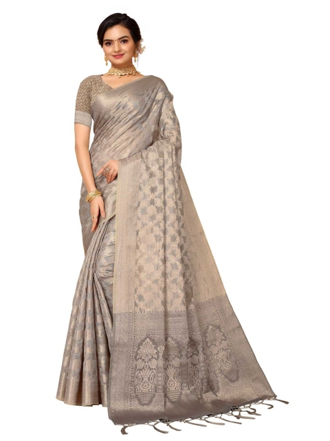 

ODETTE Grey & Gold-Toned Woven Design Zari Organza Saree