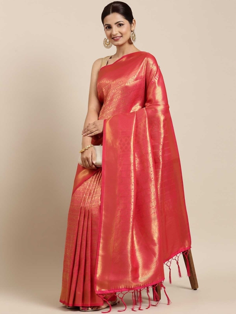 

ODETTE Orange & Gold-Toned Woven Design Zari Silk Blend Saree