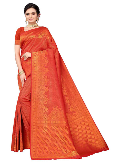 

ODETTE Orange & Gold-Toned Solid Zari Silk Blend Saree