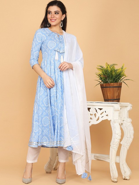 

Saanjh Women Blue Bandhani Printed Pleated Gotta Patti Pure Cotton Kurta with Trousers & With Dupatta