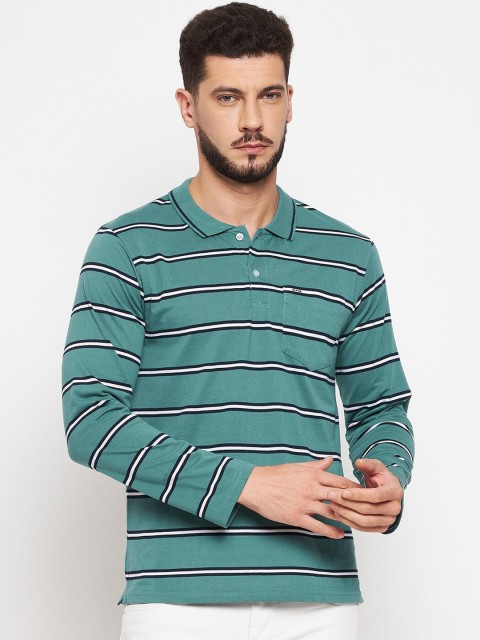 

Okane Men Green Striped Polo Collar T-shirt