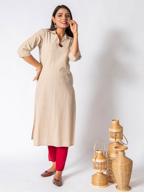 

CRAFTED FOR YOU Women Beige Striped Printed Thread Work Cotton Kurta