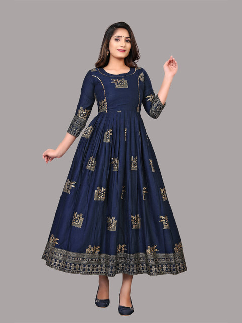 

Atsevam Women Blue & Golden Ethnic Motifs Printed Anarkali Kurta