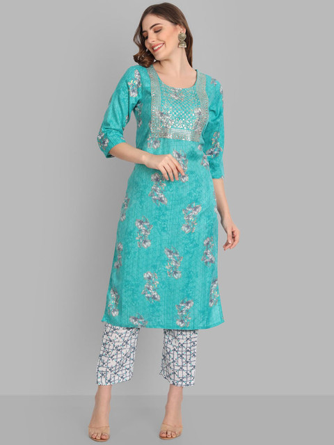 

SINGNI Women Turquoise Blue Ethnic Motifs Embroidered Sequinned Kurta with Trousers