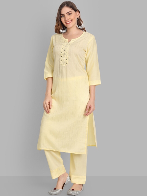 

SINGNI Women Yellow Ethnic Motifs Mirror Work Pure Silk Kurta with Trousers