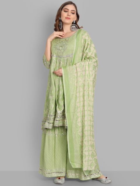 

SINGNI Women Green Leheriya Embroidered Sequinned Kurta with Sharara & With Dupatta