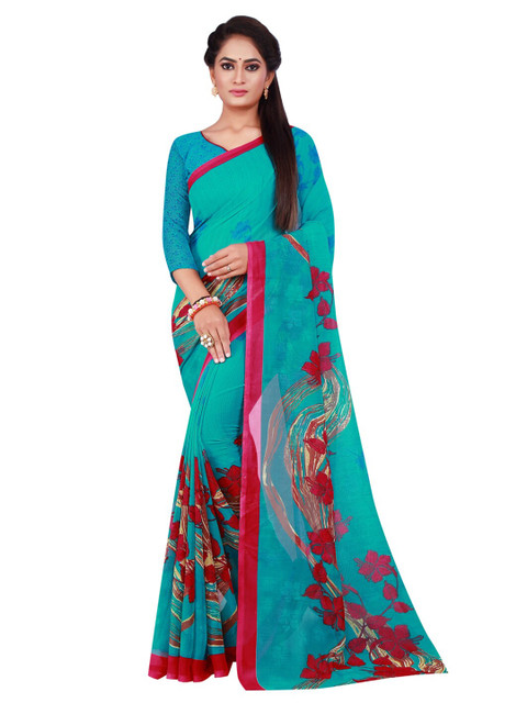 

Silk Bazar Turquoise Blue & Pink Floral Pure Georgette Saree