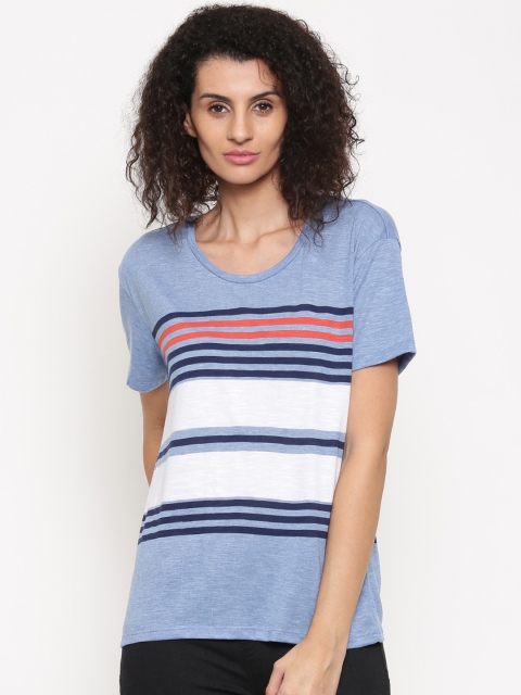 

Fame Forever by Lifestyle Women Blue & Off-White Striped Round Neck T-shirt