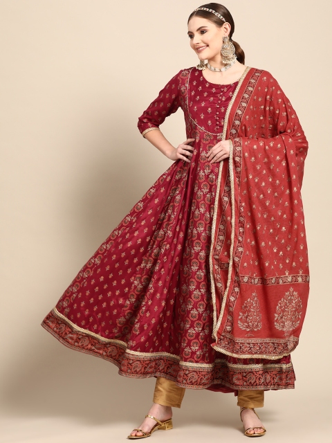 

Sangria Women Maroon & Golden Floral Printed Mirror Work Anarkali Kurta & Dupatta