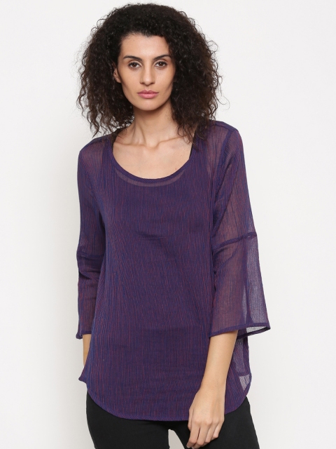 

Fame Forever by Lifestyle Women Navy & Magenta Striped Semi-Sheer Top, Navy blue