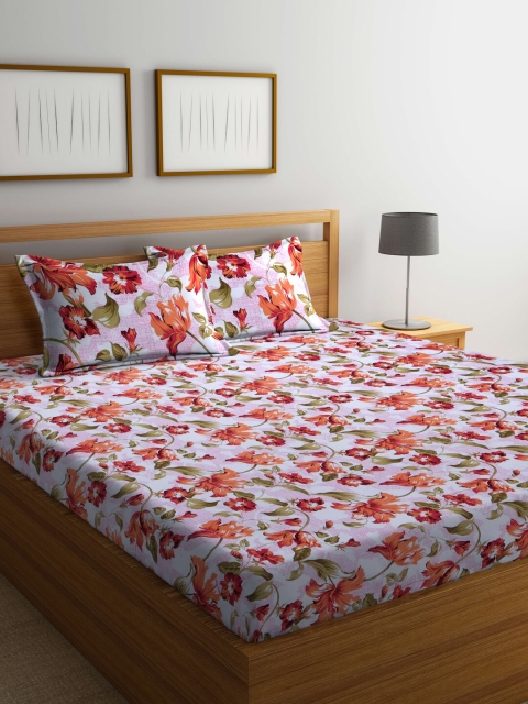 

BOMBAY DYEING White & Orange Floral 120 TC Queen Bedsheet with 2 Pillow Covers