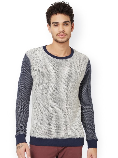 

Breakbounce Men Off-White & Navy Blue Self Design Sweatshirt