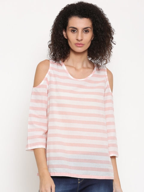 Fame Forever by Lifestyle Women Coral Pink & White Striped Top