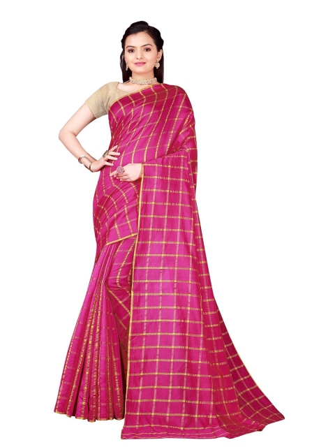 

Silk Bazar Pink & Gold-Toned Cotton Silk Checked Saree With Unstitched Blouse