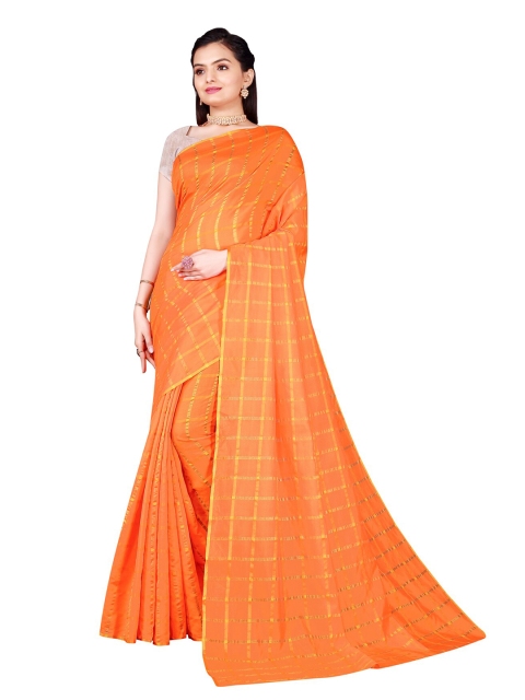 

Silk Bazar Orange & Gold-Toned Checked Printed Saree