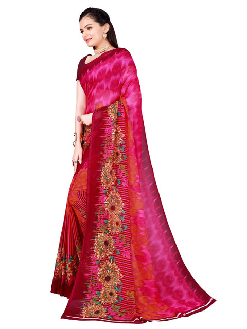 

Silk Bazar Pink & Green Floral Printed Pure Georgette Saree
