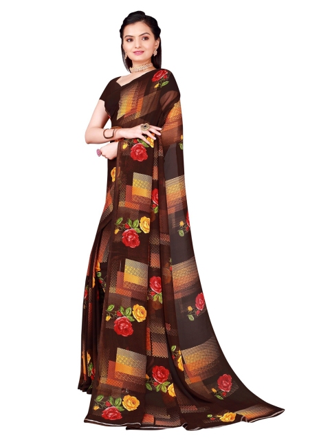 Silk Bazar Brown & Red Floral Pure Georgette Saree