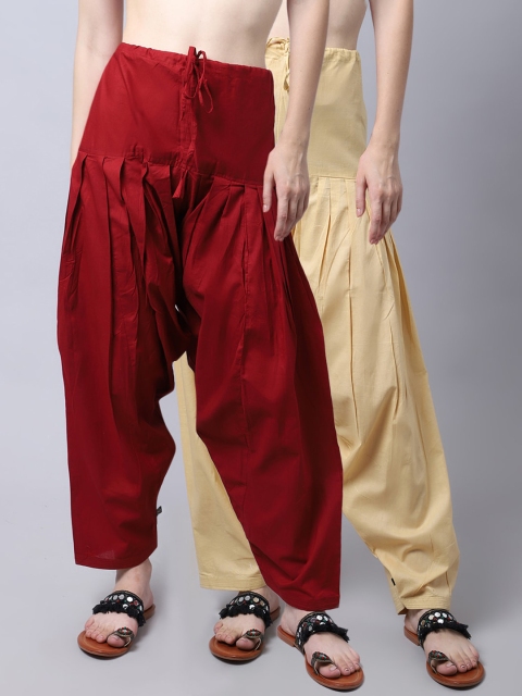 

Pistaa Women Pack of 2 Maroon & Beige Loose-Fit Pure Cotton Salwars