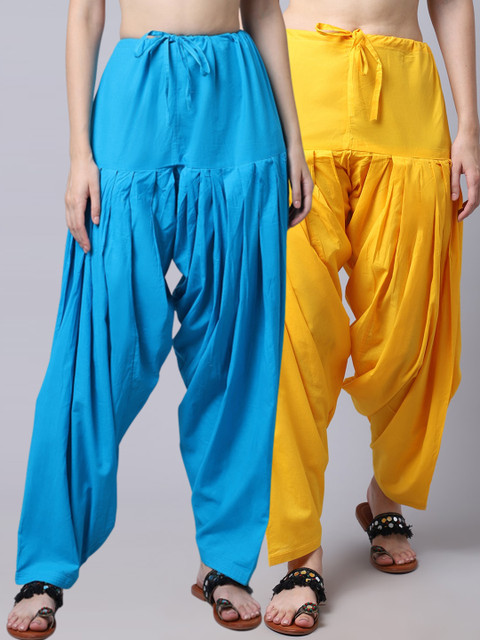 

Pistaa Women Set Of 2 Turquoise Blue & Yellow Solid Cotton Patialas