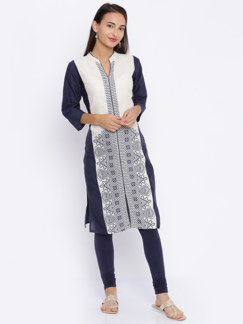 

Soch Women Cream-Coloured & Navy Blue Printed Straight Kurta