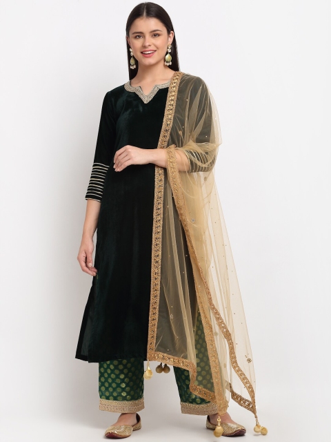 

anokherang Women Green Velvet Kurta