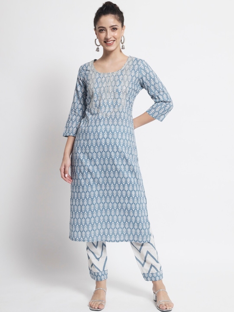 

BARKHA FAB Women Blue Embroidered Thread Work Pure Cotton Kurta with Trousers