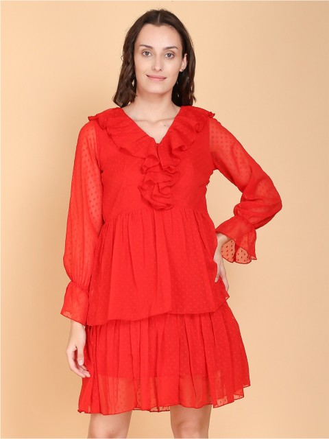

DESI WOMANIYA Red Chiffon A-Line Ruffle Layered Dress
