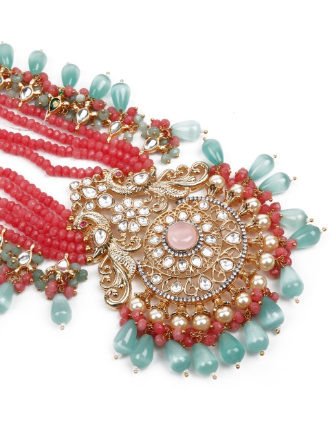 

ODETTE Gold-Plated Pink & Green Beaded & Stone Studded Jewellery Set